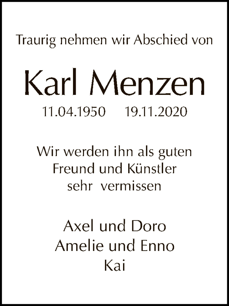  Traueranzeige für Karl Menzen vom 13.12.2020 aus Tagesspiegel