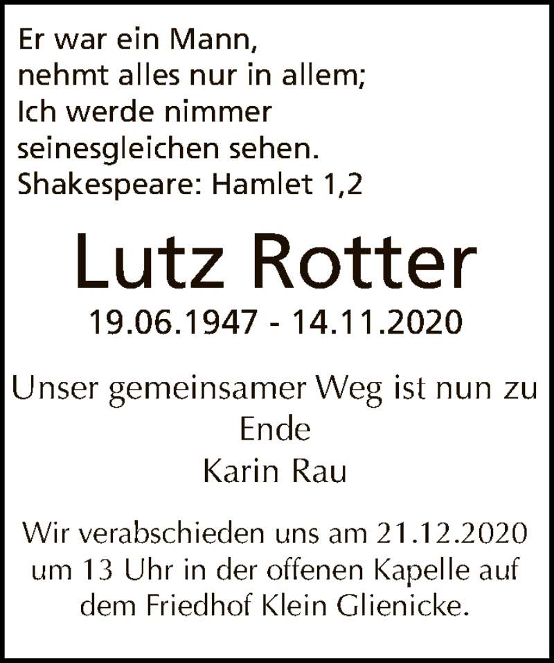  Traueranzeige für Lutz Rotter vom 13.12.2020 aus Tagesspiegel