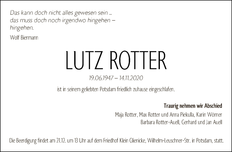  Traueranzeige für Lutz Rotter vom 06.12.2020 aus Tagesspiegel