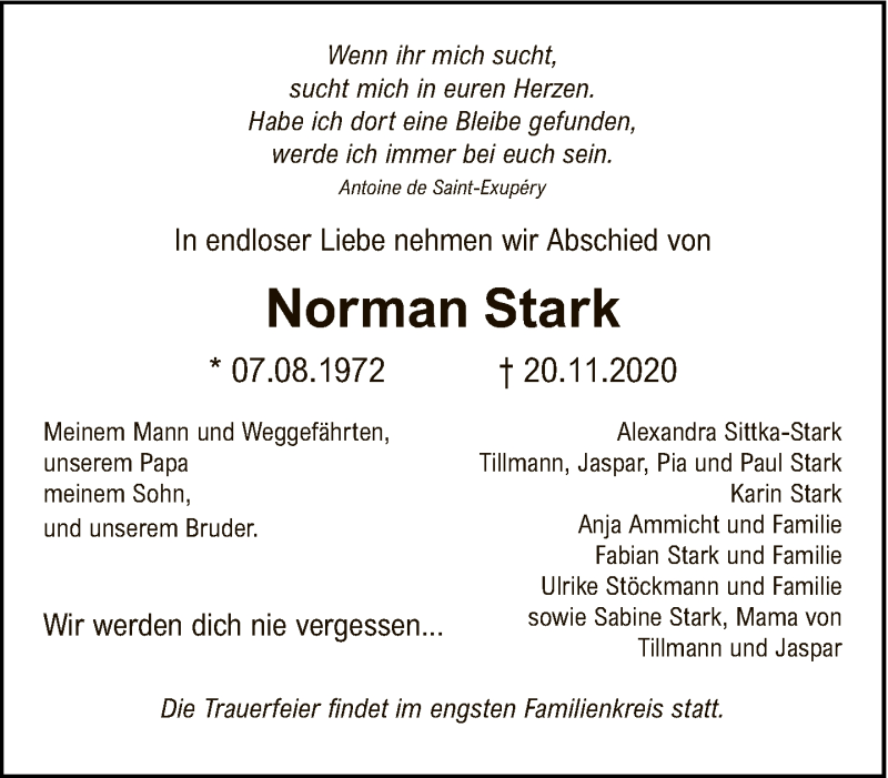  Traueranzeige für Norman Stark vom 06.12.2020 aus Tagesspiegel