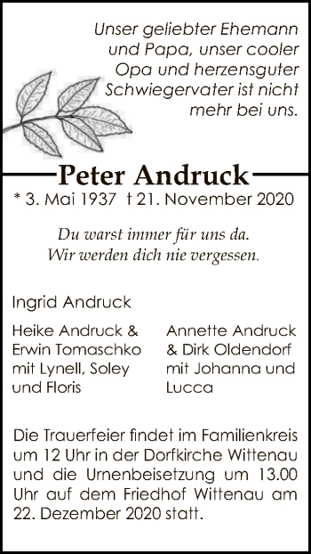 Traueranzeige von Peter Andruck von Tagesspiegel