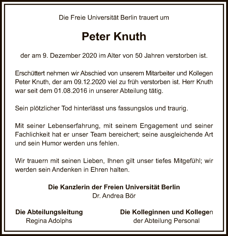  Traueranzeige für Peter Knuth vom 20.12.2020 aus Tagesspiegel