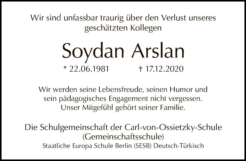  Traueranzeige für Soydan Arslan vom 27.12.2020 aus Tagesspiegel