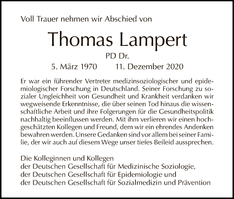  Traueranzeige für Thomas Lampert vom 24.12.2020 aus Tagesspiegel