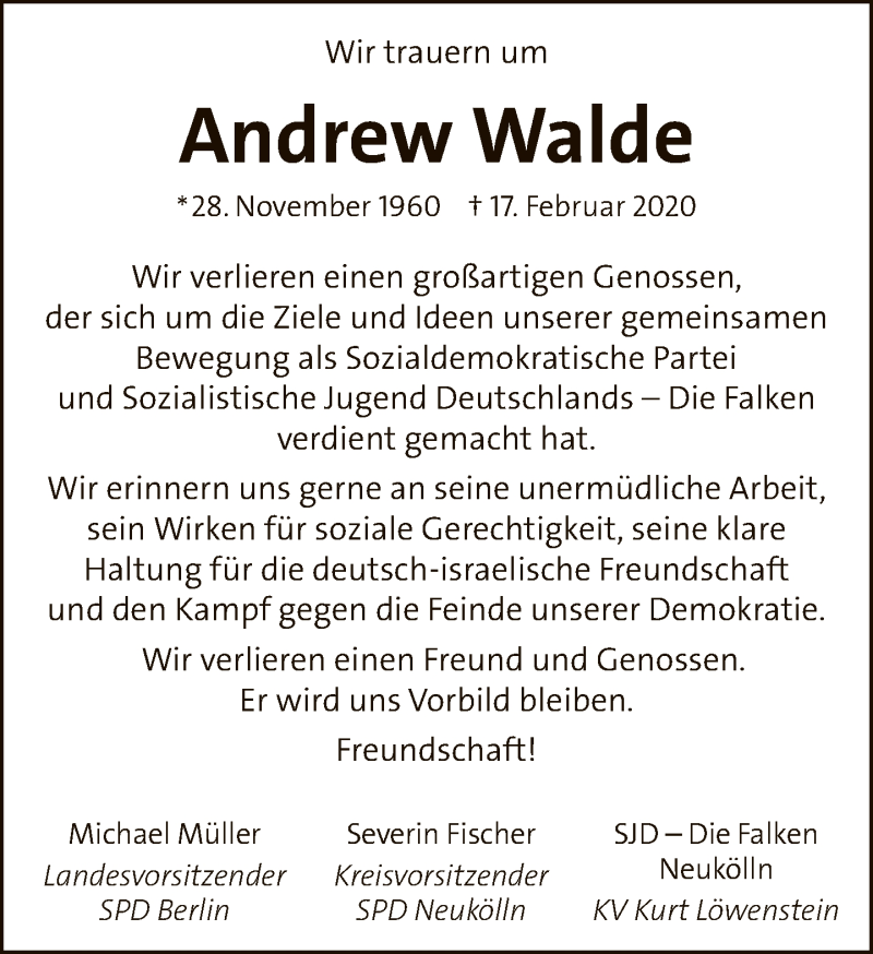  Traueranzeige für Andrew Walde vom 23.02.2020 aus Tagesspiegel