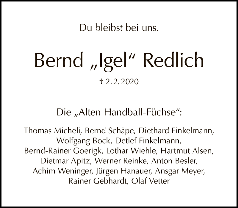  Traueranzeige für Bernd Redlich vom 09.02.2020 aus Tagesspiegel