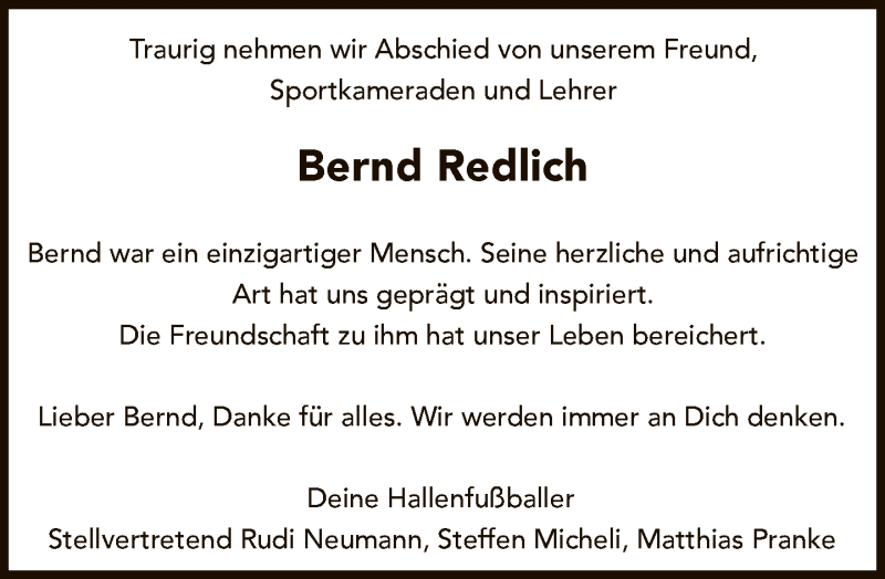  Traueranzeige für Bernd Redlich vom 09.02.2020 aus Tagesspiegel