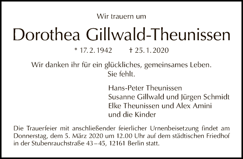  Traueranzeige für Dorothea Gillwald-Theunissen vom 02.02.2020 aus Tagesspiegel