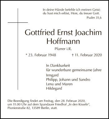 Traueranzeige von Gottfried Ernst Joachim Hoffmann von Tagesspiegel