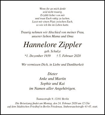 Traueranzeige von Hannelore Zippler von Tagesspiegel