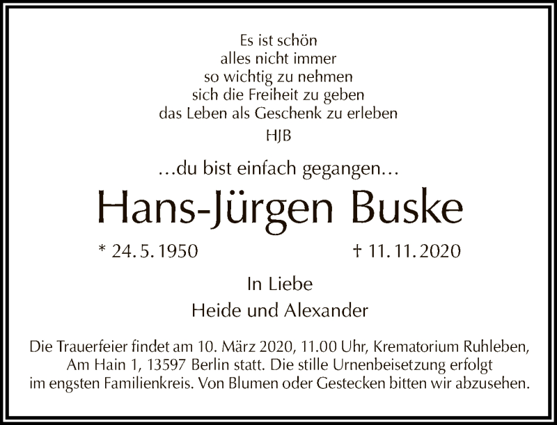  Traueranzeige für Hans-Jürgen Buske vom 16.02.2020 aus Tagesspiegel