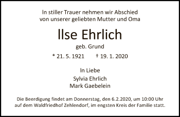 Traueranzeige von Ilse Ehrlich von Tagesspiegel