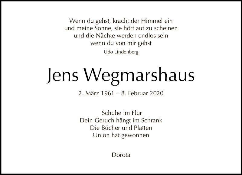  Traueranzeige für Jens Wegmarshaus vom 16.02.2020 aus Tagesspiegel
