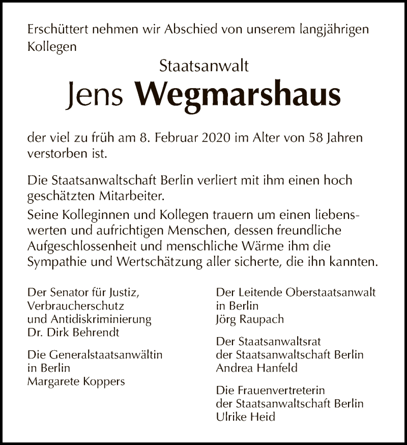  Traueranzeige für Jens Wegmarshaus vom 16.02.2020 aus Tagesspiegel