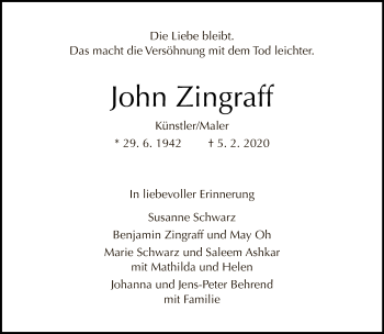 Traueranzeige von John Zingraff von Tagesspiegel