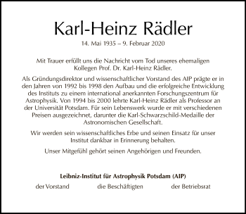 Traueranzeige von Karl-Heinz Rädler von Tagesspiegel