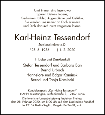 Traueranzeige von Karl-Heinz Tessendorf von Tagesspiegel