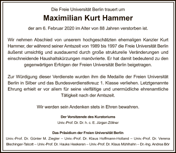 Traueranzeige von Kurt Hammer von Tagesspiegel