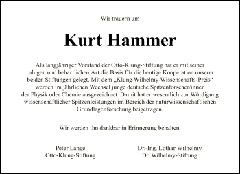 Traueranzeige von Kurt Hammer von Tagesspiegel