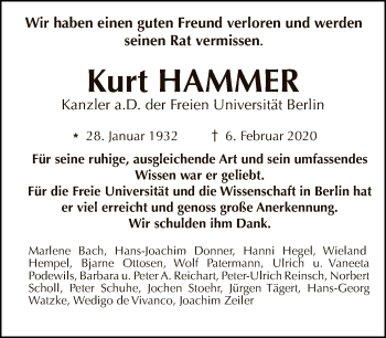 Traueranzeige von Kurt Hammer von Tagesspiegel