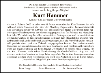 Traueranzeige von Kurt Hammer von Tagesspiegel