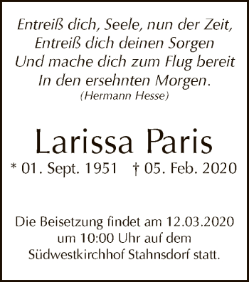 Traueranzeige von Larissa Paris von Tagesspiegel