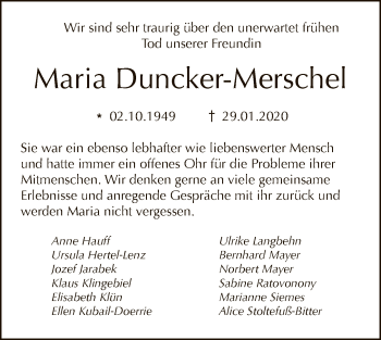 Traueranzeige von Maria Duncker-Merschel von Tagesspiegel