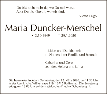 Traueranzeige von Maria Duncker-Merschel von Tagesspiegel