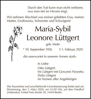 Traueranzeige von Maria-Sybil Leonore Lüttgert von Tagesspiegel