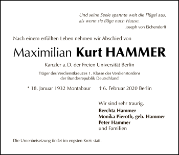 Traueranzeige von Maximilian Kurt Hammer von Tagesspiegel