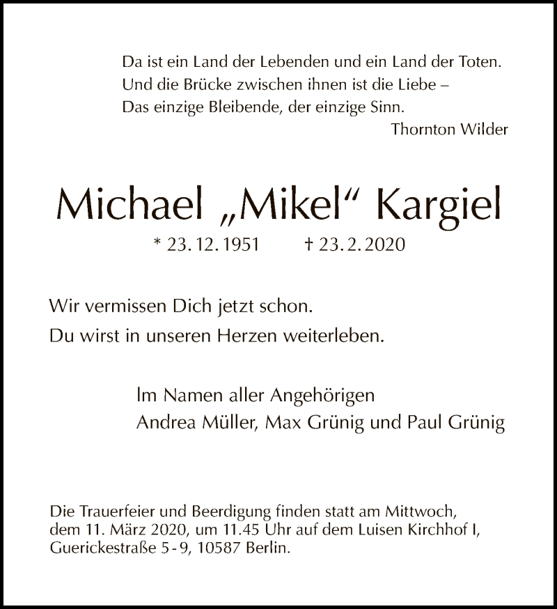  Traueranzeige für Michael Kargiel vom 01.03.2020 aus Tagesspiegel