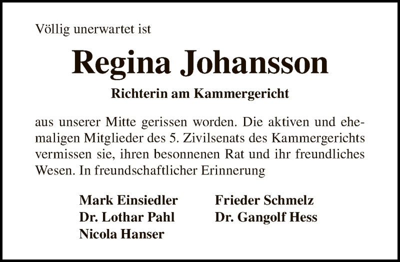  Traueranzeige für Regina Johansson vom 01.03.2020 aus Tagesspiegel