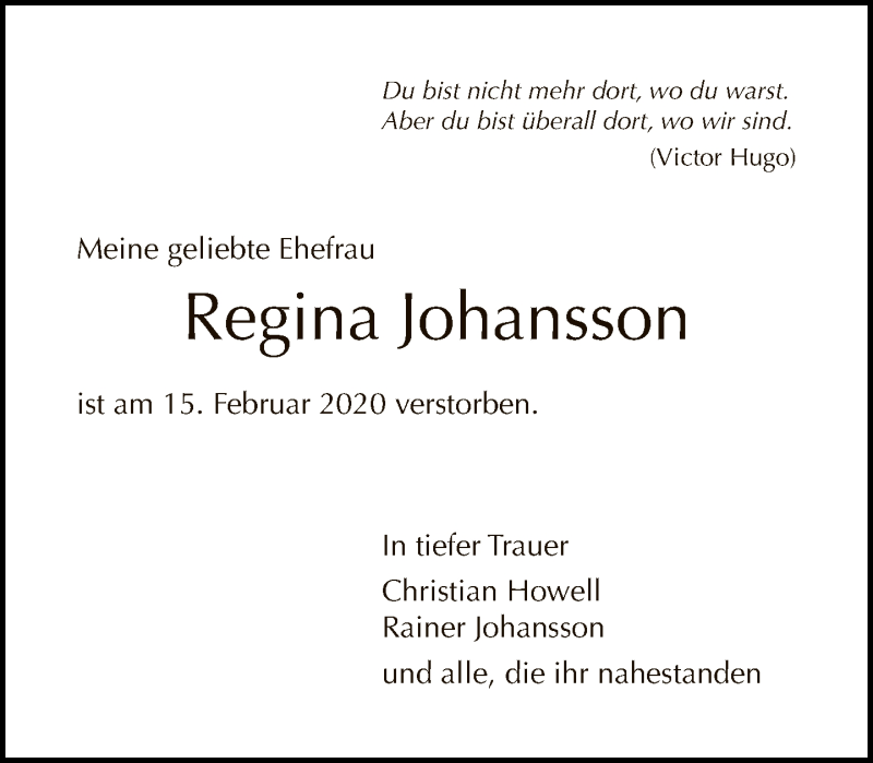  Traueranzeige für Regina Johansson vom 01.03.2020 aus Tagesspiegel