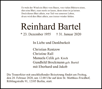 Traueranzeige von Reinhard Bartel von Tagesspiegel