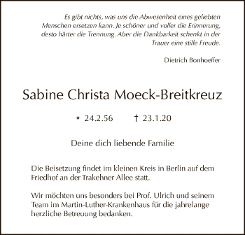 Traueranzeige von Sabine Christa Moeck-Breitkreuz von Tagesspiegel