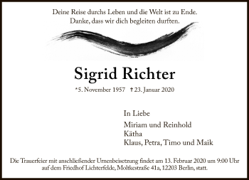 Traueranzeige von Sigrid Richter von Tagesspiegel