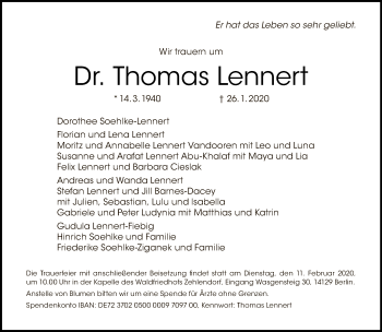 Traueranzeige von Thomas Lennert von Tagesspiegel