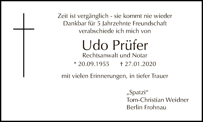  Traueranzeige für Udo Prüfer vom 09.02.2020 aus Tagesspiegel