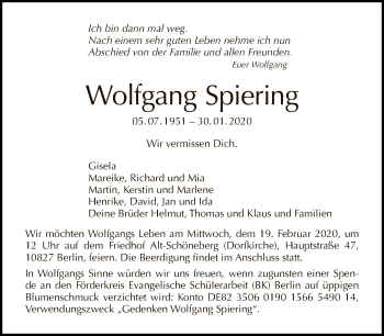 Traueranzeige von Wolfgang Spiering von Tagesspiegel