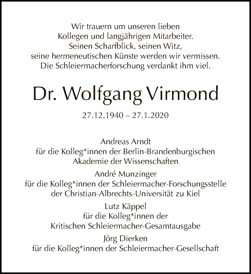  Traueranzeige für Wolfgang Virmond vom 09.02.2020 aus Tagesspiegel
