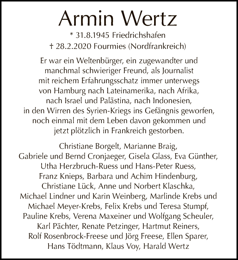 Traueranzeige für Armin Wertz vom 08.03.2020 aus Tagesspiegel