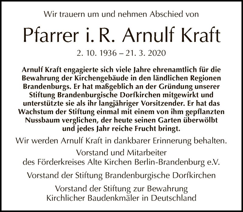  Traueranzeige für Arnulf Kraft vom 29.03.2020 aus Tagesspiegel