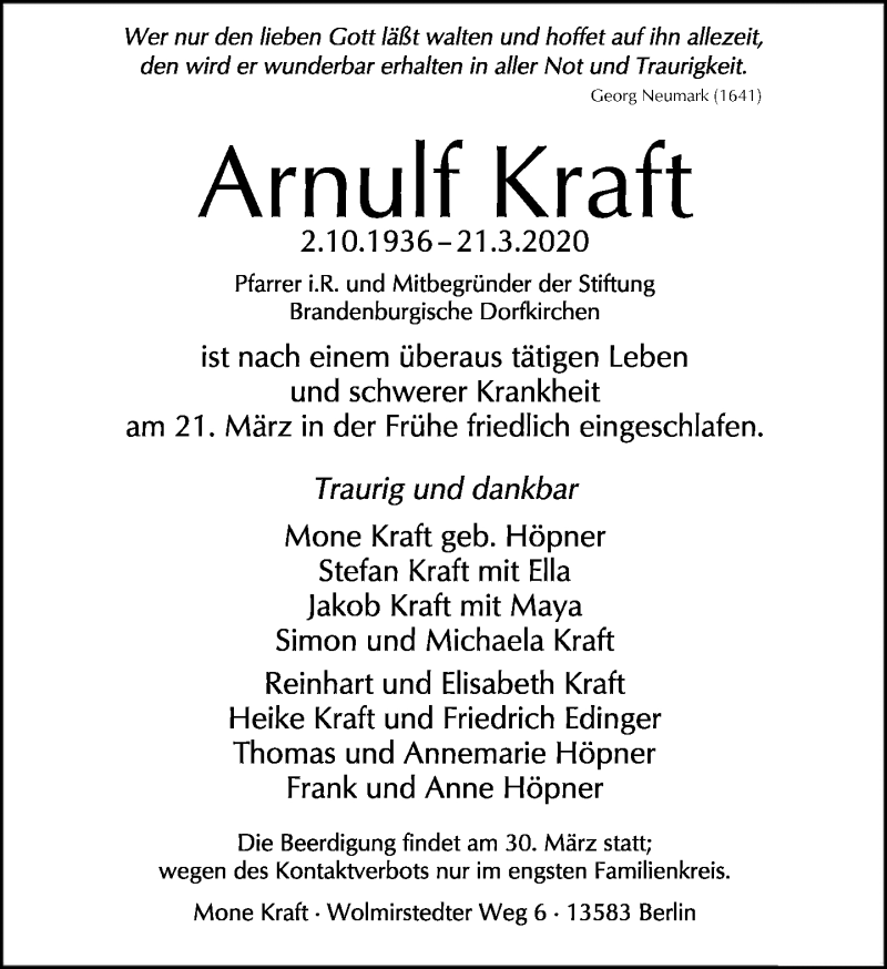 Traueranzeige für Arnulf Kraft vom 29.03.2020 aus Tagesspiegel