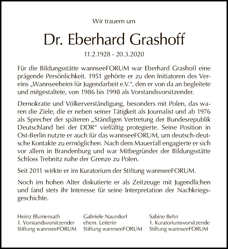  Traueranzeige für Eberhard Grashoff vom 29.03.2020 aus Tagesspiegel