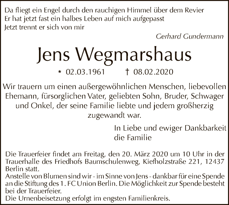  Traueranzeige für Jens Wegmarshaus vom 08.03.2020 aus Tagesspiegel