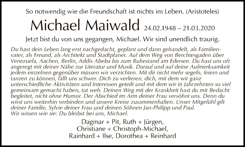  Traueranzeige für Michael Maiwald vom 29.03.2020 aus Tagesspiegel