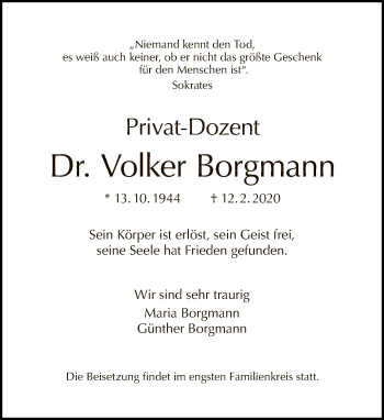 Traueranzeige von Volker Borgmann von Tagesspiegel