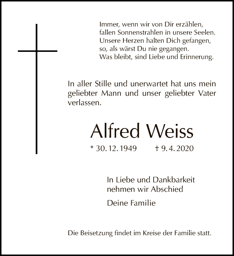  Traueranzeige für Alfred Weiss vom 19.04.2020 aus Tagesspiegel