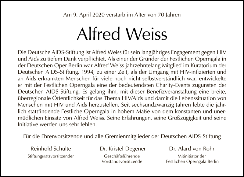  Traueranzeige für Alfred Weiss vom 19.04.2020 aus Tagesspiegel
