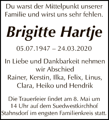 Traueranzeige von Brigitte Hartje von Tagesspiegel